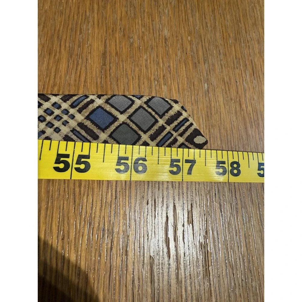 Brooks Brothers Makers Tie Silk USA Vintage Geometric Plaid Blue Tan 3.5